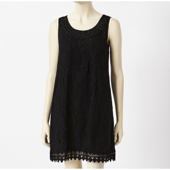Angie Dress Womens M Black Lace Beaded Neck Sleeveless Shift Cocktail Party - Picture 1 of 11